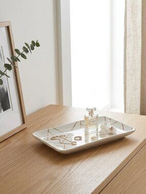 Summer & Rose Celine Geometric Trinket Dish White Pink Gold 6" x 4" Jewelry Tray